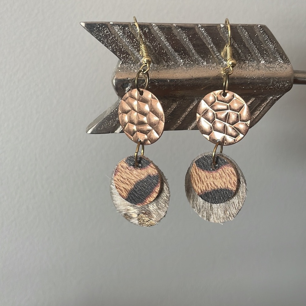 Hammered Bronze & Animal print-Lightweight Leather Earings
